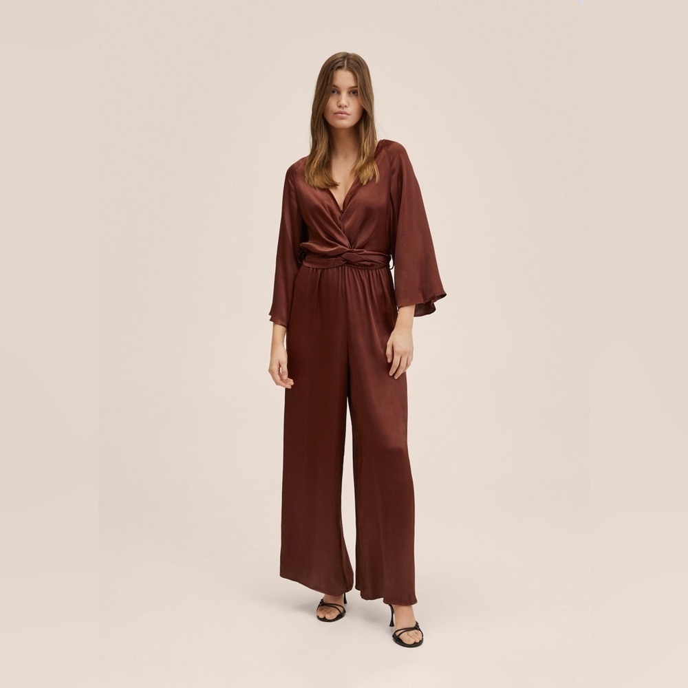 MANGO Belted Satin Wide Leg Jumpsuit